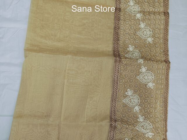 Fancy Saree Chiffon Material in Beige with pearl work - 1