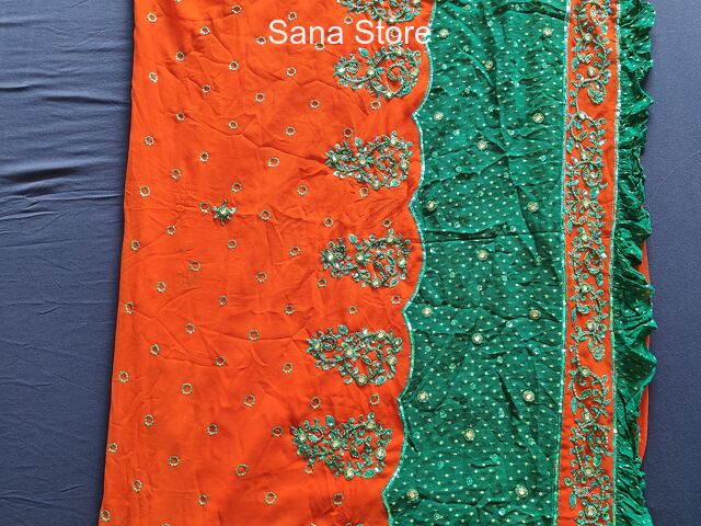 Party Saree Orange Green NO BLOUSE - 1