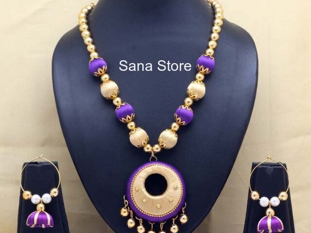 Violet Beige Thread Necklace Set - 1