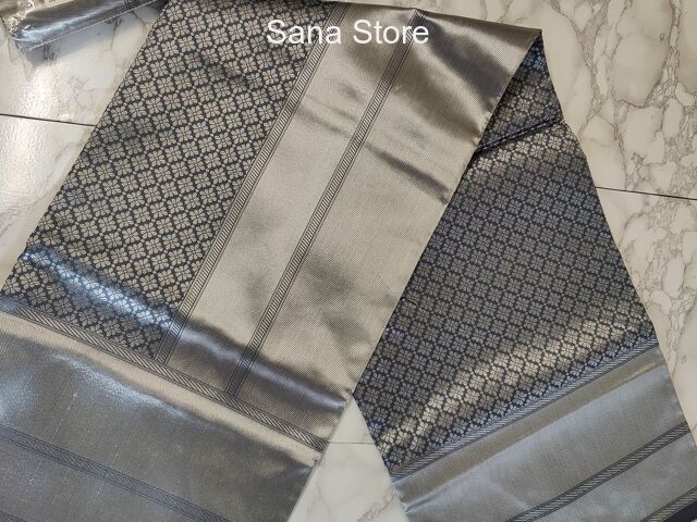 Darkgrey Silver Pattu Saree - 1