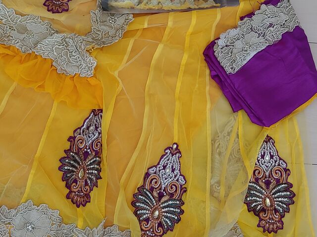 Yellow Saree with Purple Blouse - 1